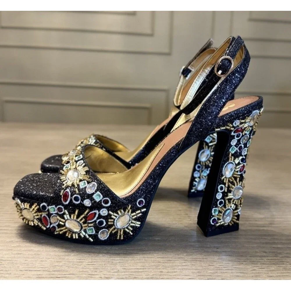 GIANNI BINI Black Gold Embellished Platform Heels Glam Party. Sizes 6.5 , 7 , 8
